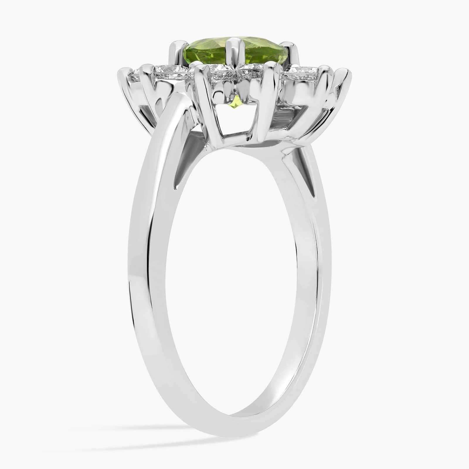 Round Peridot and Diamond Halo Ring in 14k White Gold