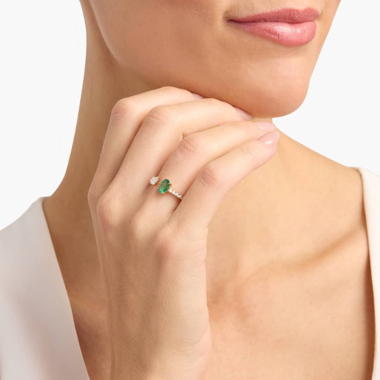 Emerald and Diamond Pavé Two Stone Ring in 18K Yellow Gold