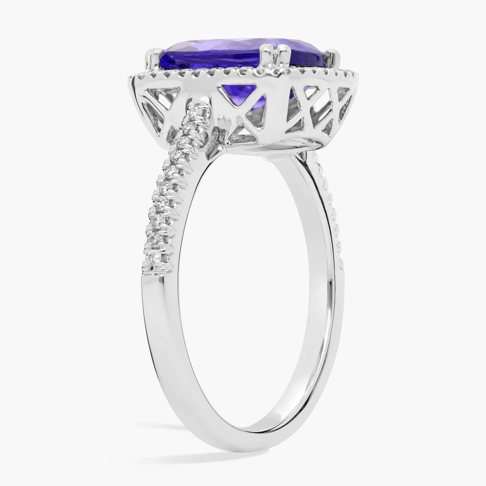 Cushion Cut Tanzanite Double Prong Diamond Halo Ring in 14K White Gold (10x8mm)
