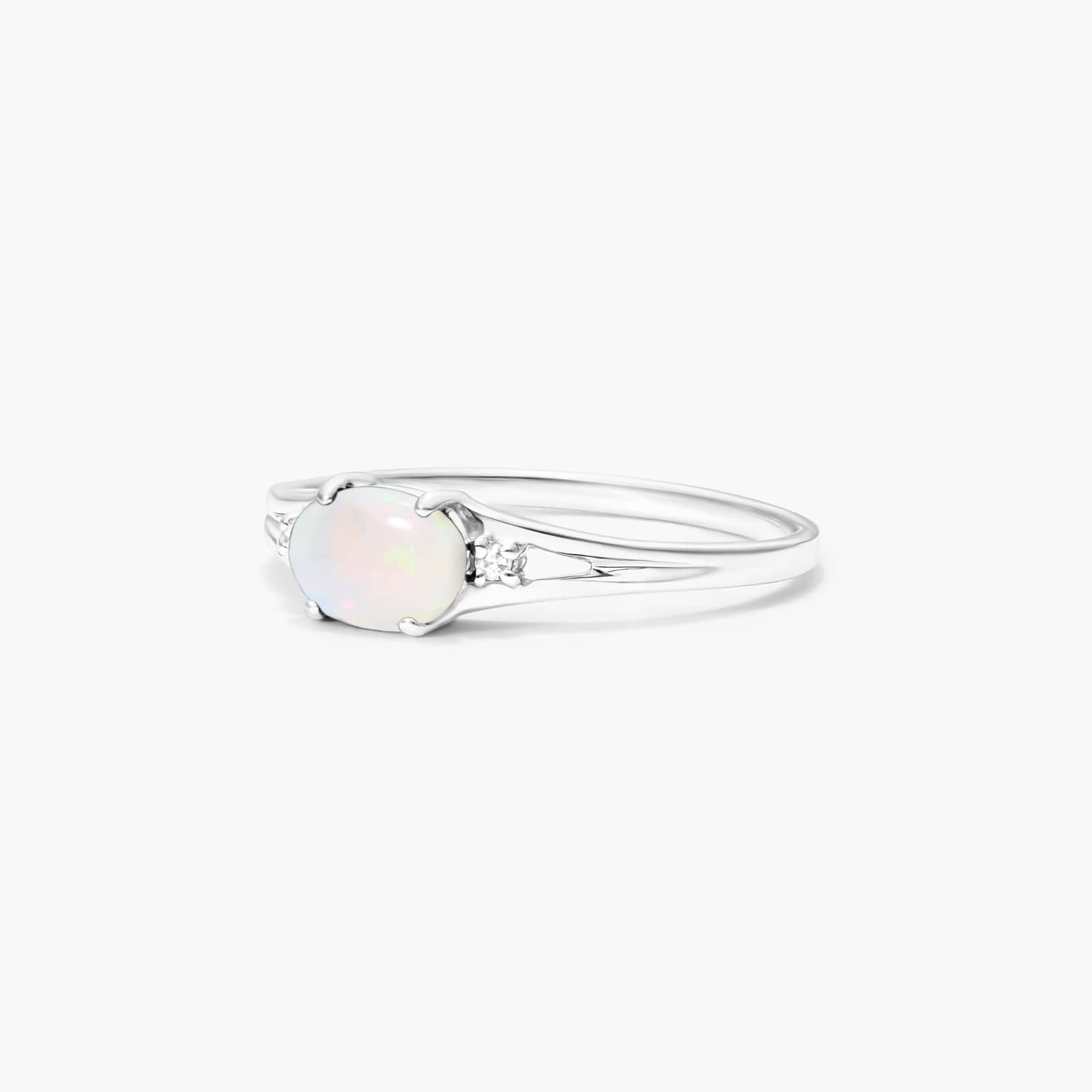 Oval Opal And Diamond Accent Birthstone Ring In 14K White Gold