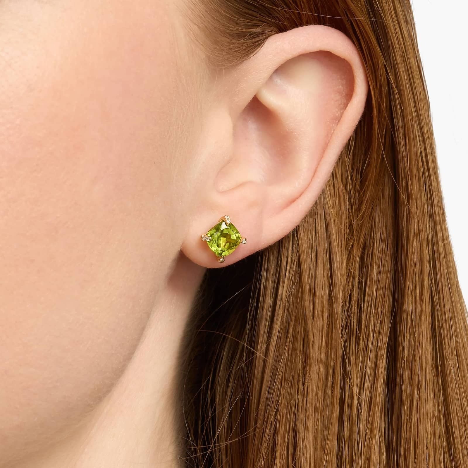 Cushion Cut Peridot and Diamond Accent Earrings in 14k Yellow Gold (7mm)