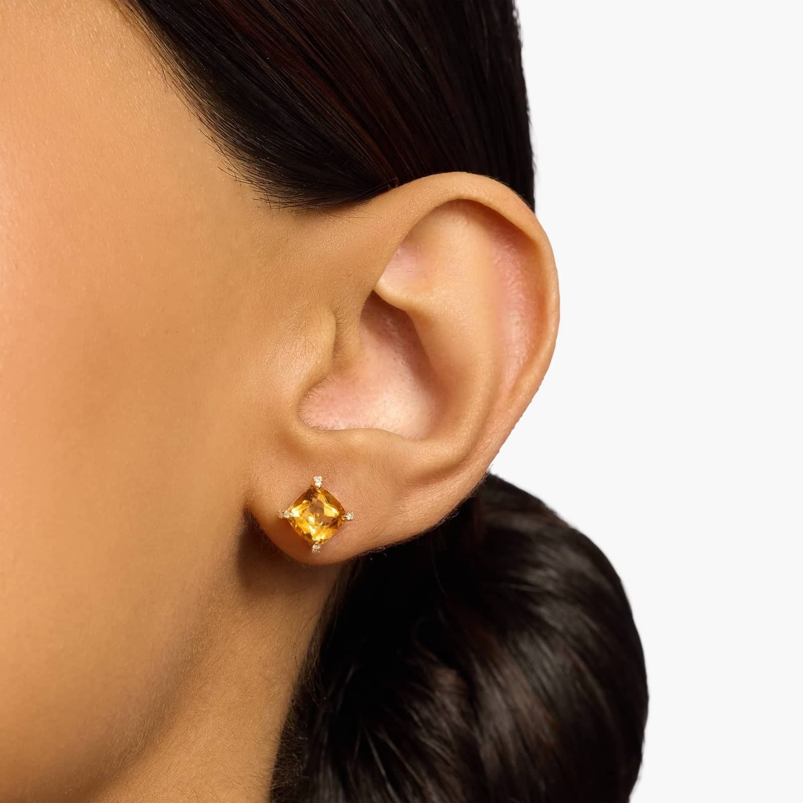 Cushion Cut Citrine and Diamond Accent Earrings in 14k Yellow Gold (7mm)