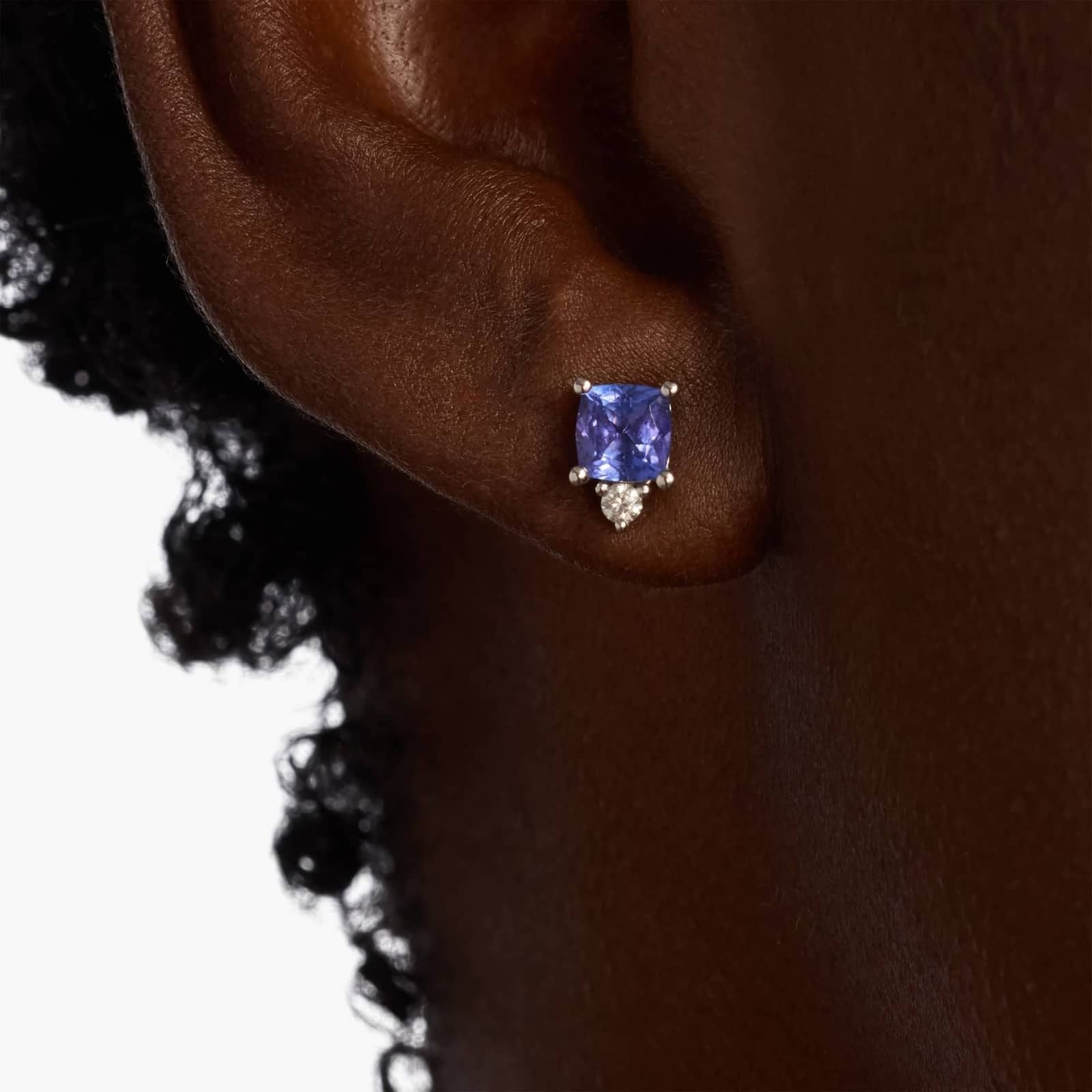 Cushion Cut Tanzanite and Diamond Earrings in 14k White Gold (5 mm)