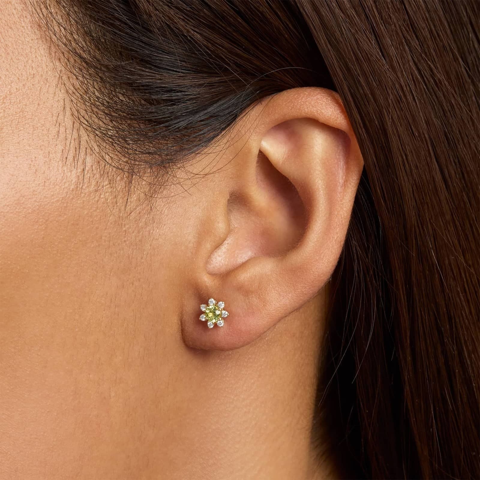 Mini Peridot Earrings with Diamond Blossom Halo in 14k Yellow Gold (3.5mm)
