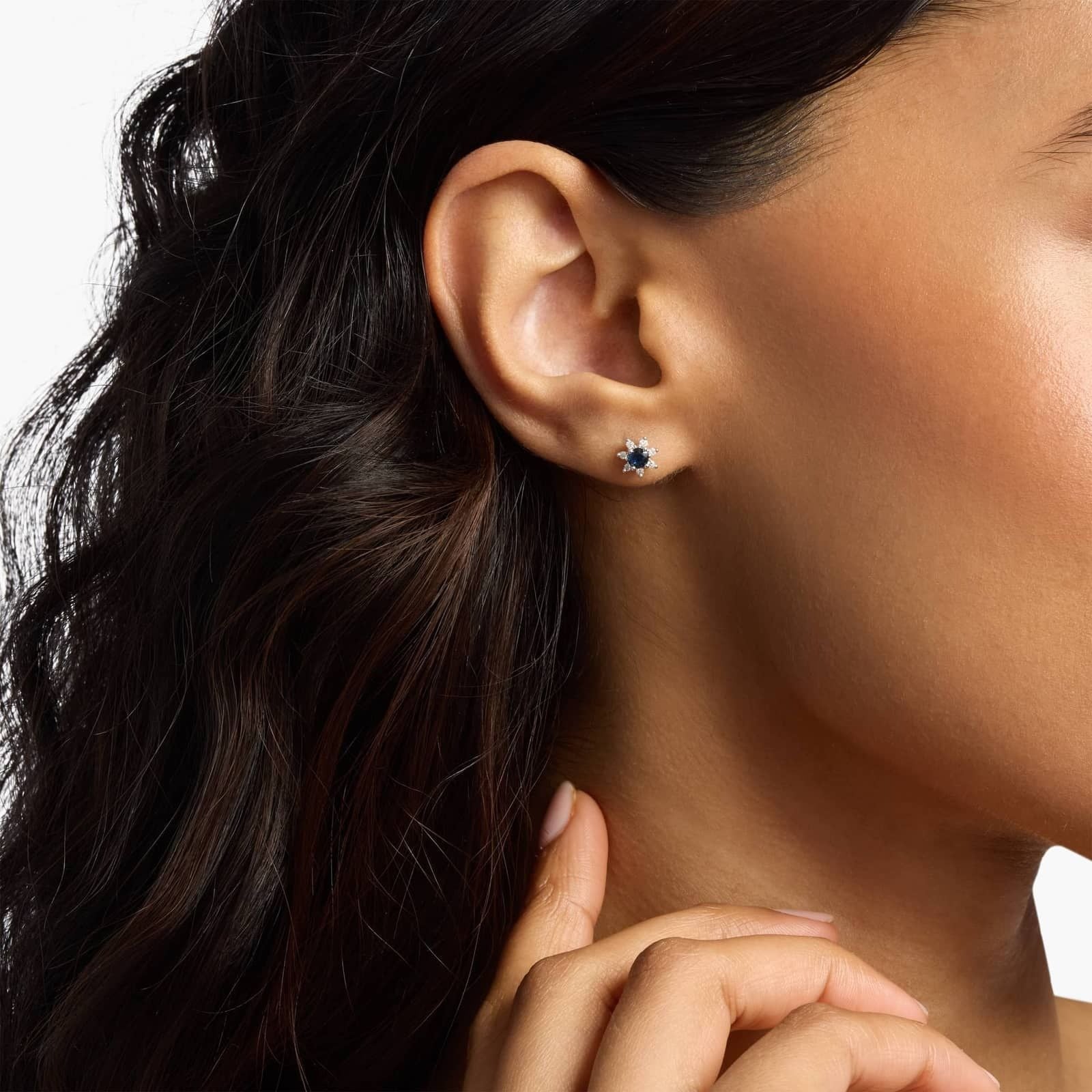 Mini Sapphire Earrings with Diamond Blossom Halo in 14k White Gold (3.5mm)