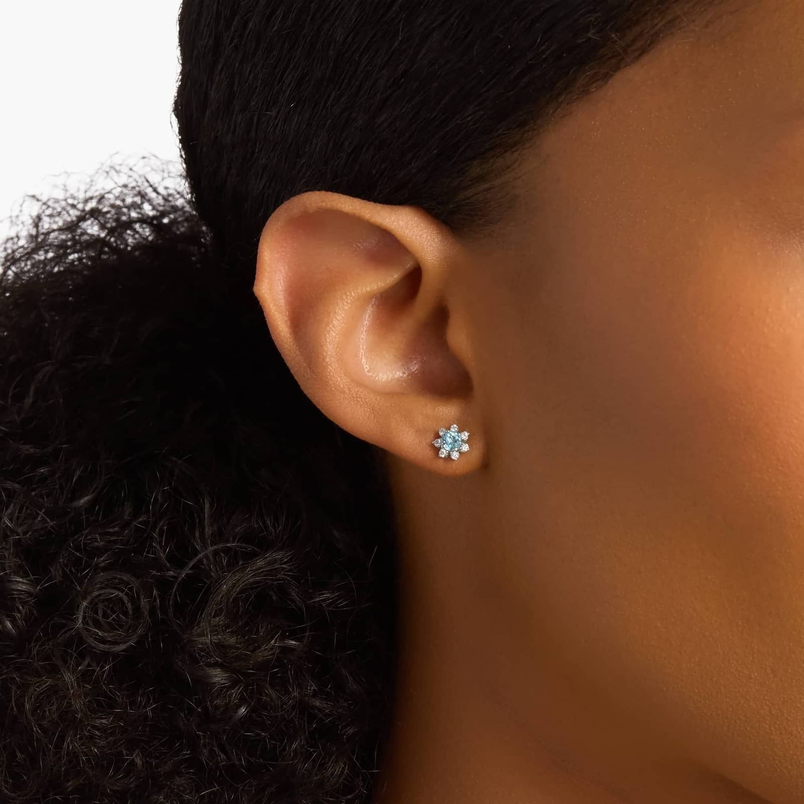 Mini Sky Blue Topaz Earrings with Diamond Blossom Halo in 14k White Gold (3.5mm)