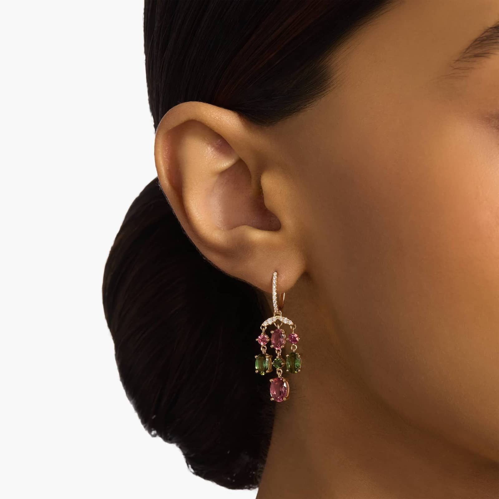 Pink and Green Tourmaline Chandelier Earrings in 14k Yellow Gold