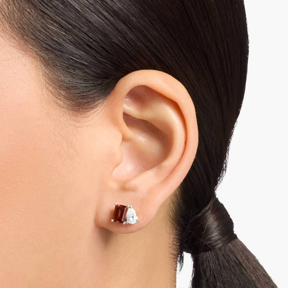 Lab Grown Diamond and Garnet Two Stone Stud Earrings in 14k White Gold