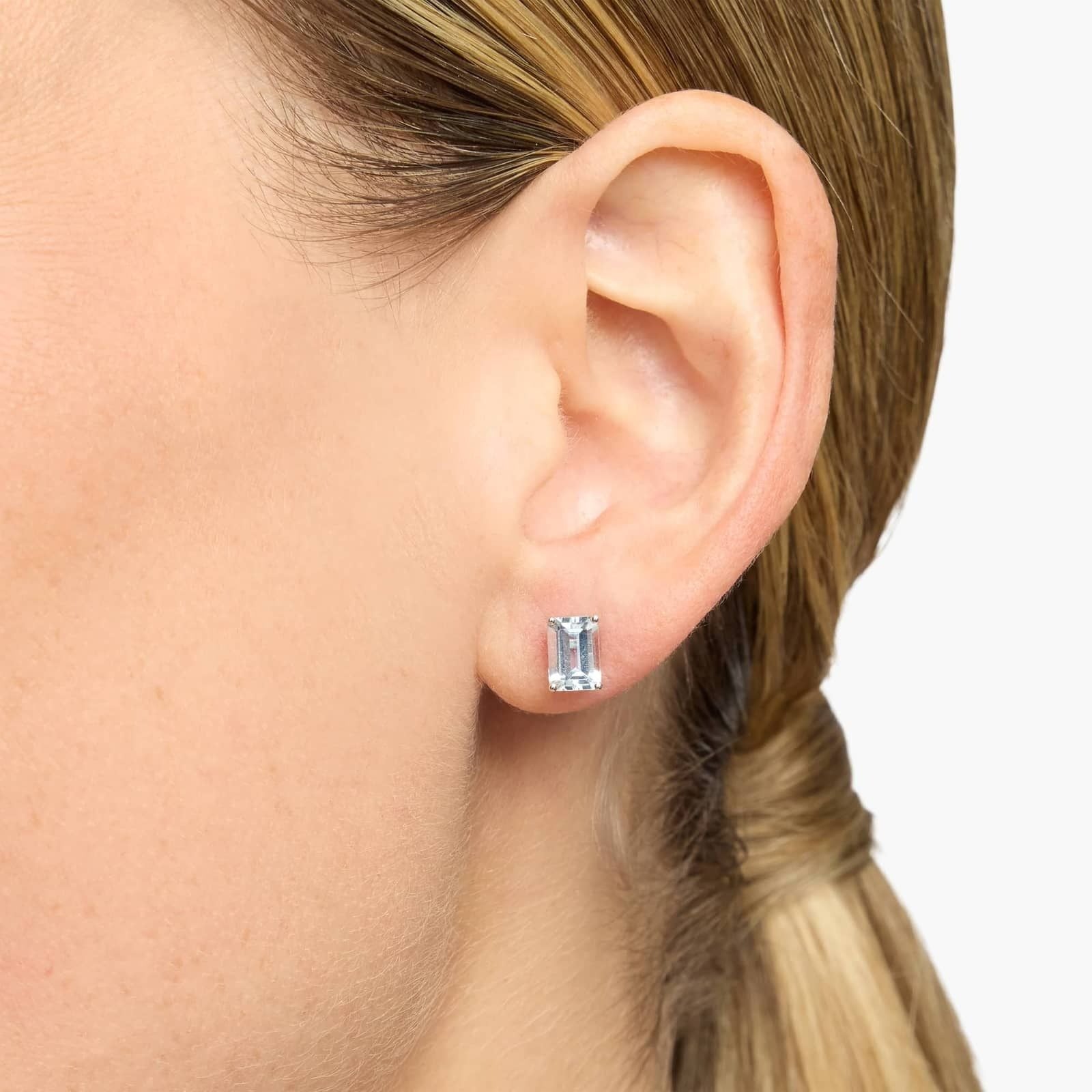 Emerald Cut Birthstone Aquamarine Stud Earrings