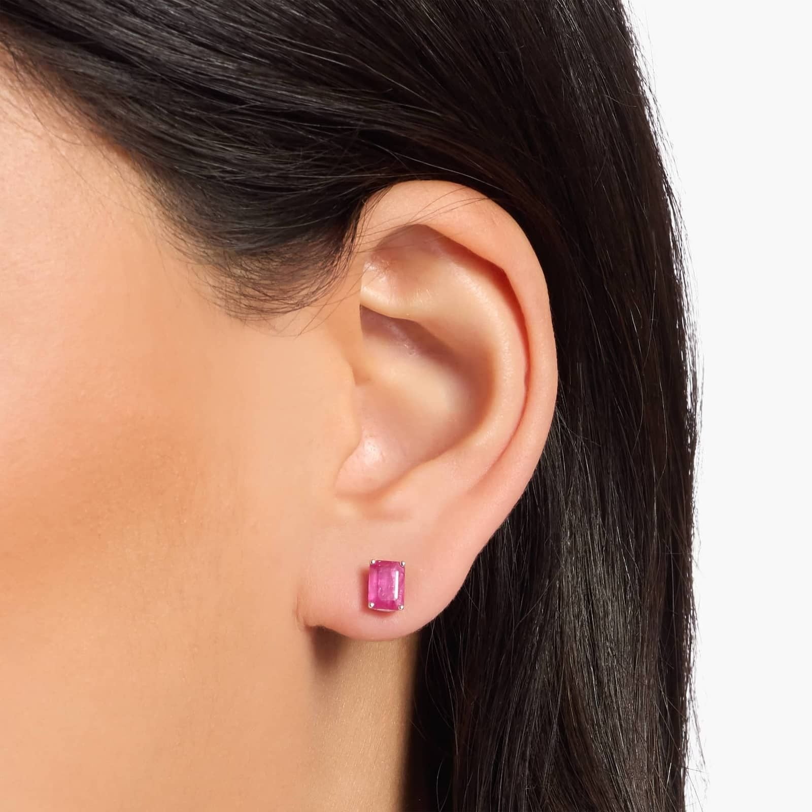 Emerald Cut Birthstone Ruby Stud Earrings in 14K Yellow Gold (7x5mm)