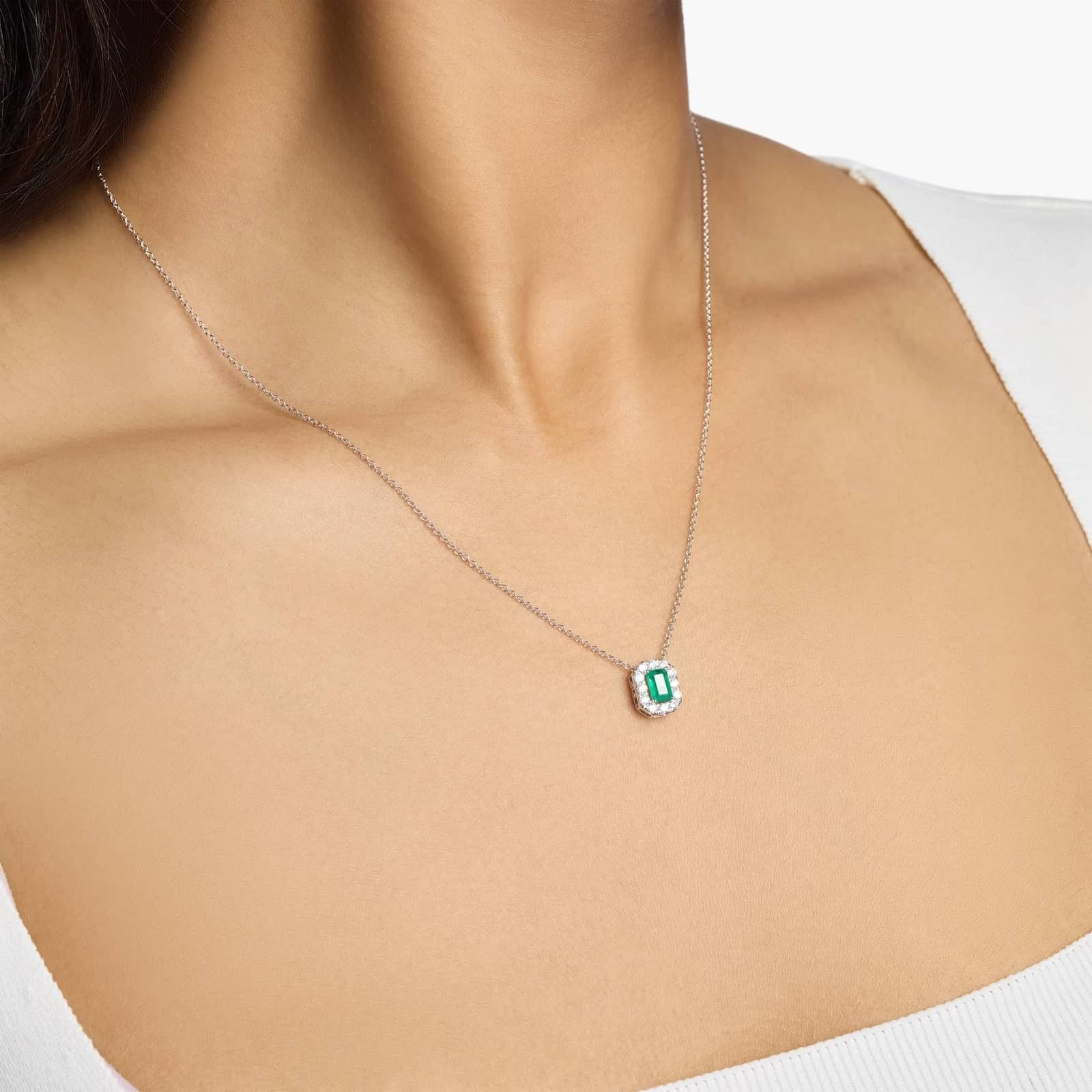 Emerald Cut Emerald and Diamond Halo Pendant in 14k White Gold