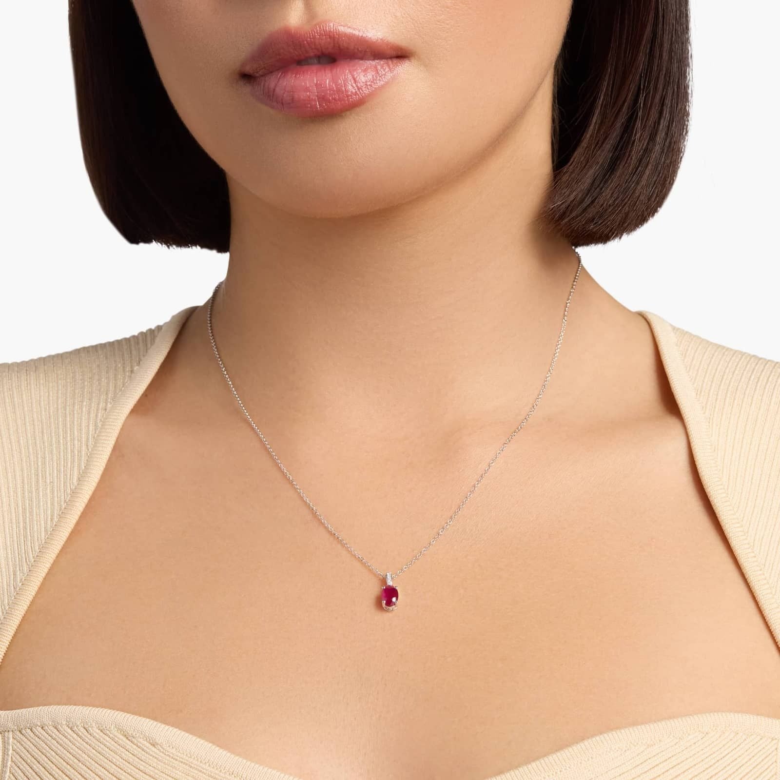 Oval Ruby and Diamond Pendant in 14k White Gold
