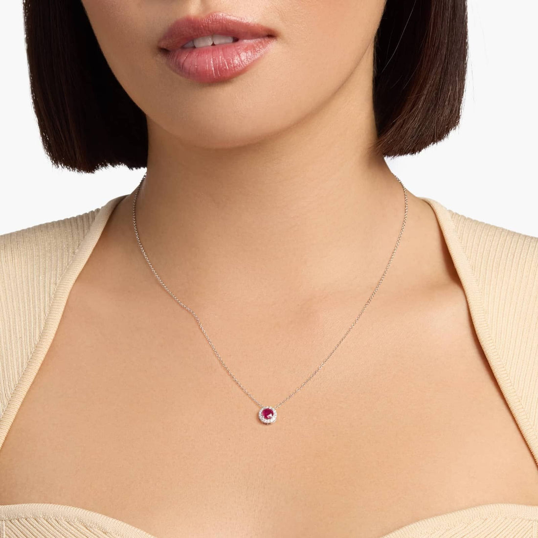 Ruby and Diamond Halo Pendant in 14k White Gold (5mm)