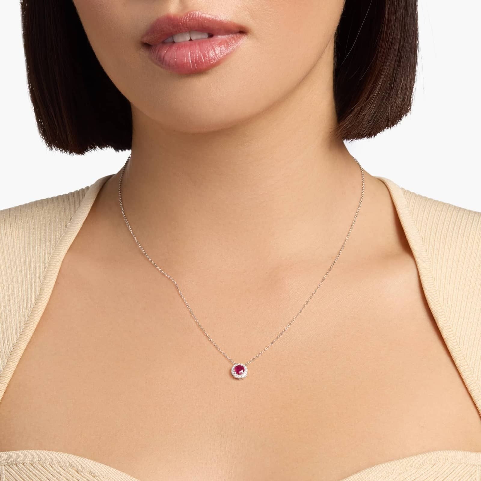 Ruby and Diamond Halo Pendant in 14k White Gold (5mm)
