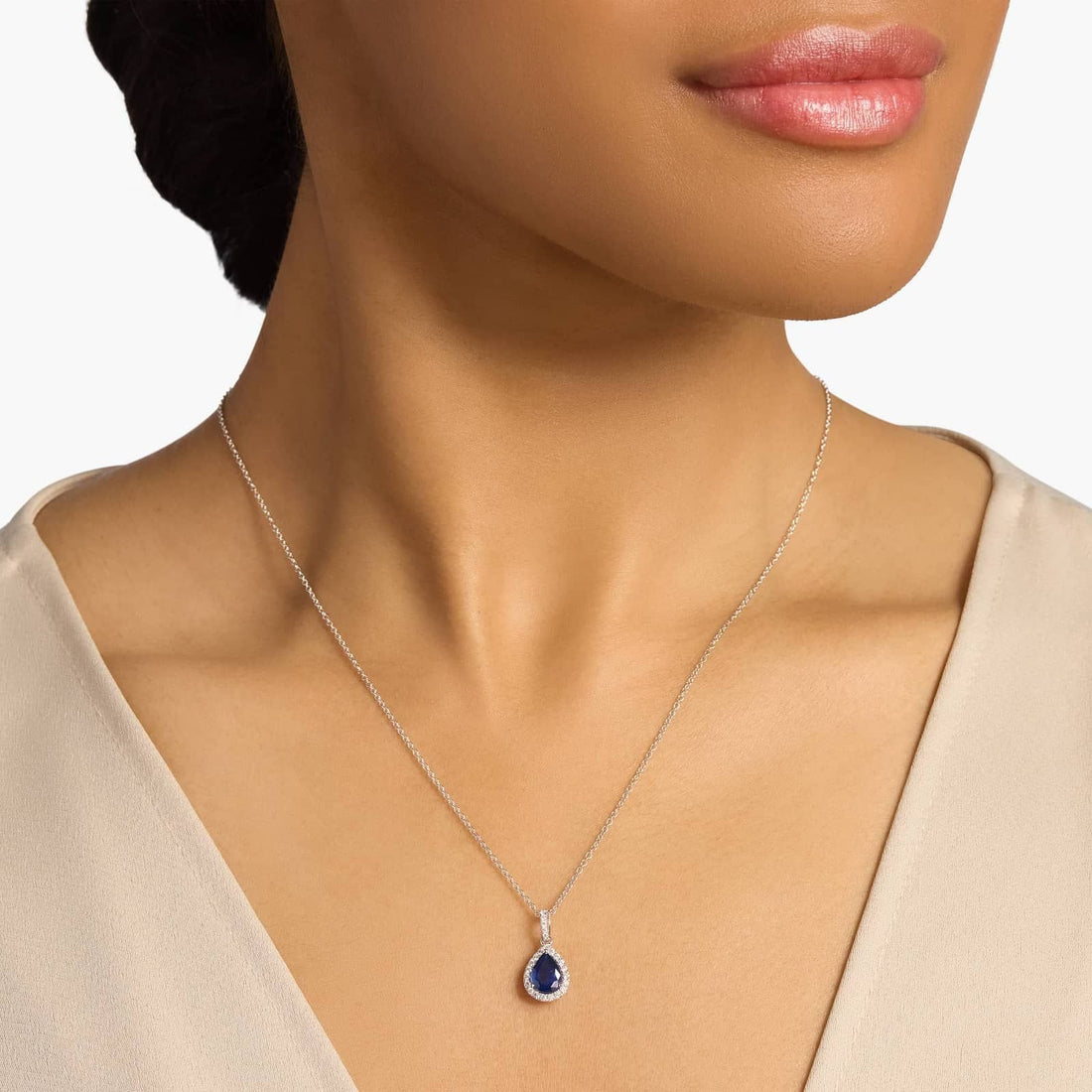 Sapphire Pear Shape Halo Drop Pendant in 14k White Gold (8x6mm)