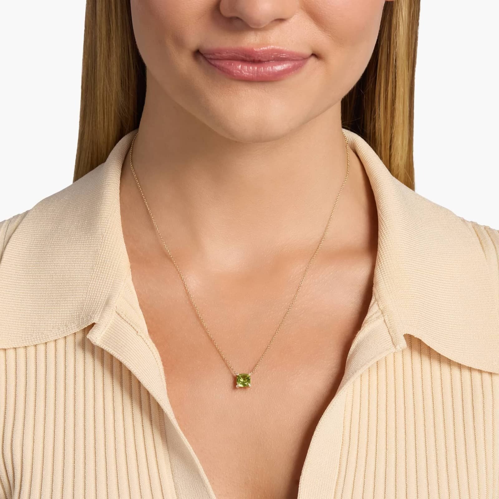 Cushion Cut Peridot and Diamond Accent Pendant in 14k Yellow Gold (7mm)