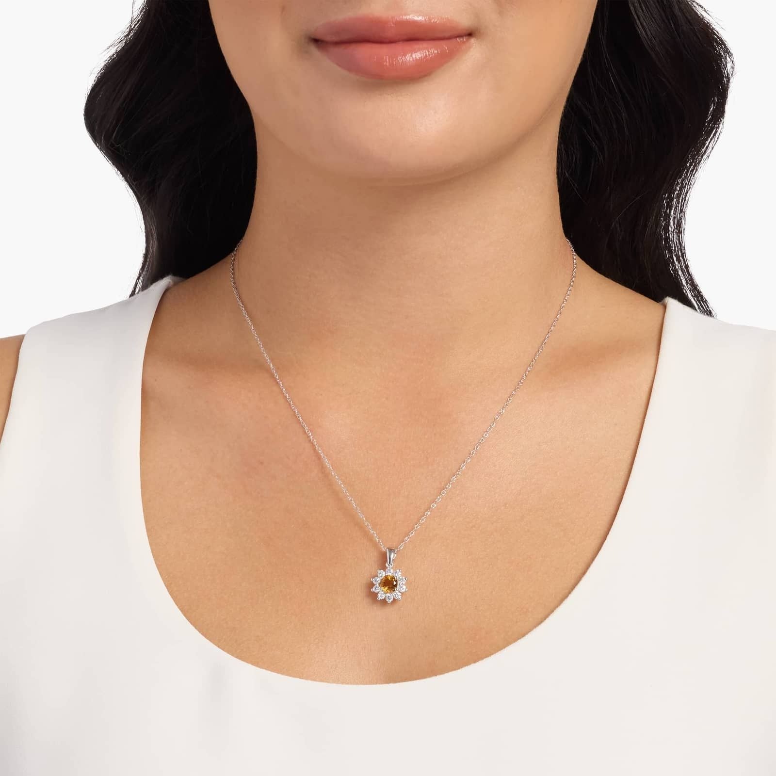 Round Citrine and Diamond Halo Pendant Necklace in 14k White Gold (6mm)