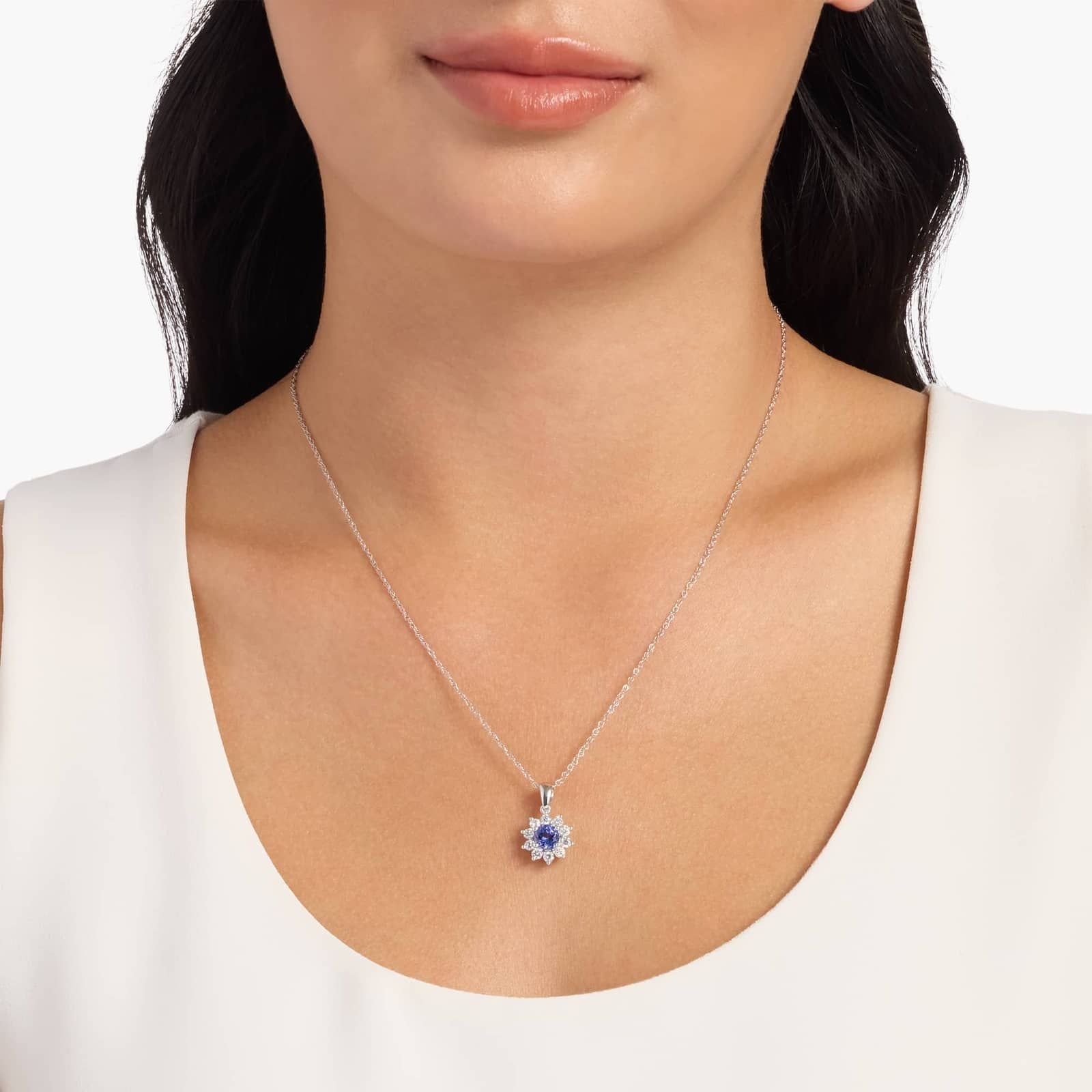 Round Tanzanite and Diamond Halo Pendant Necklace in 14k White Gold (6mm)