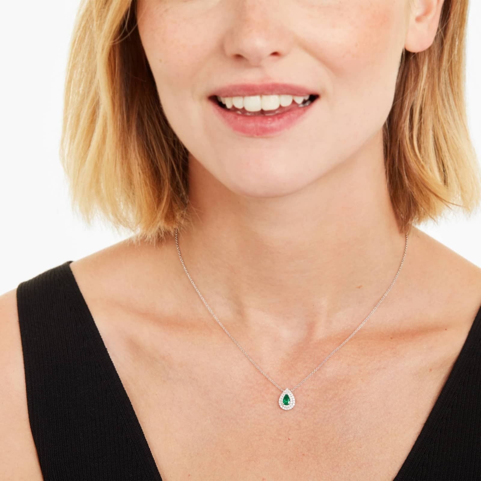 18K White Gold Pear Shape Emerald Double Diamond Halo Necklace