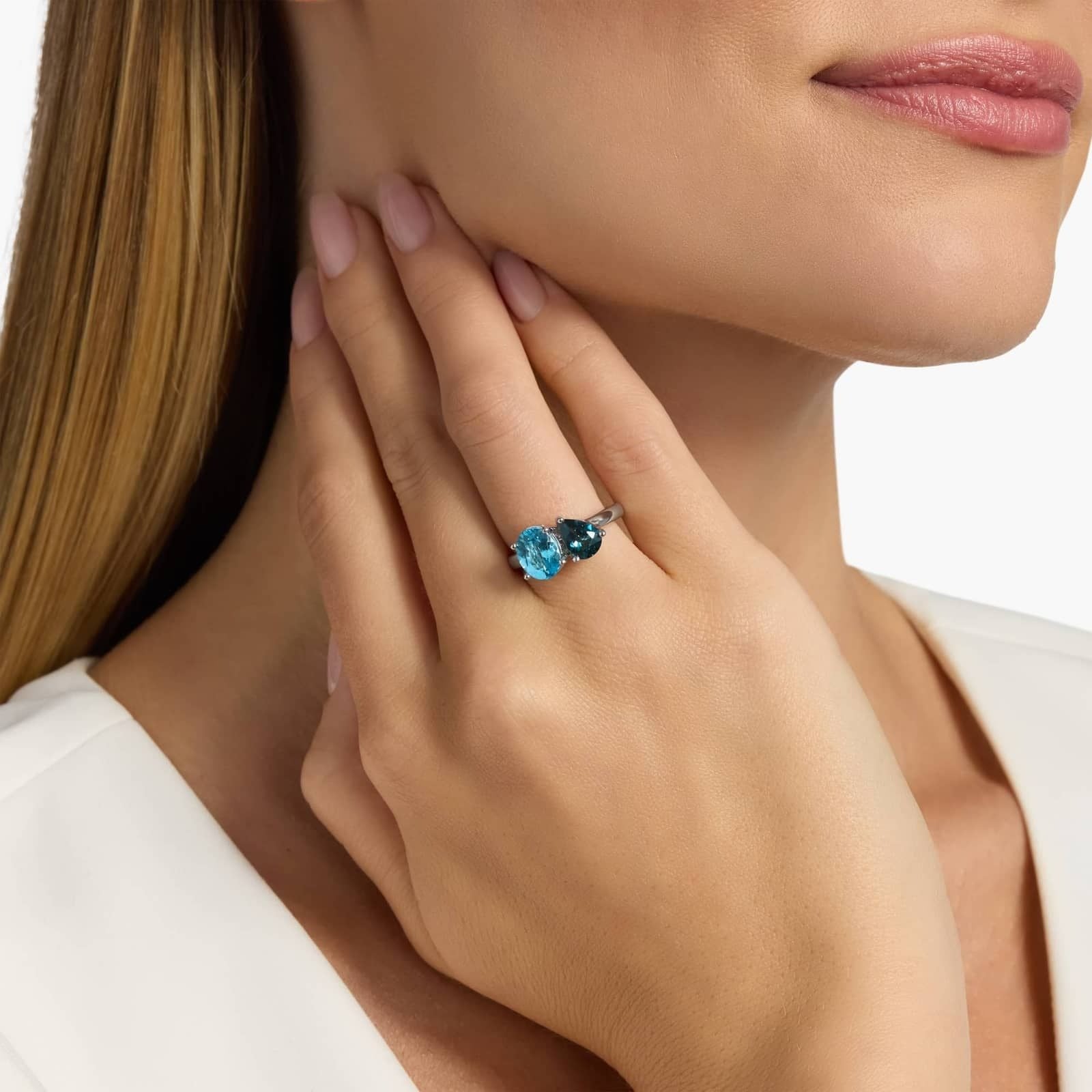 Swiss Blue Topaz and Blue Topaz Two Stone Ring in 14k White Gold
