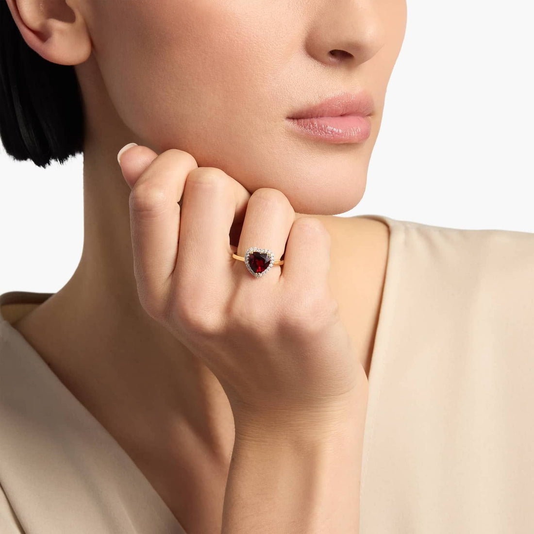 Heart Shaped Garnet and Diamond Halo Ring in 14k Yellow Gold