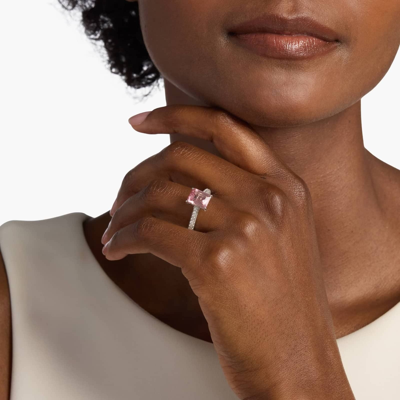 Extraordinary Collection: Emerald Cut Pink Tourmaline and Diamond Ring in 18k White Gold