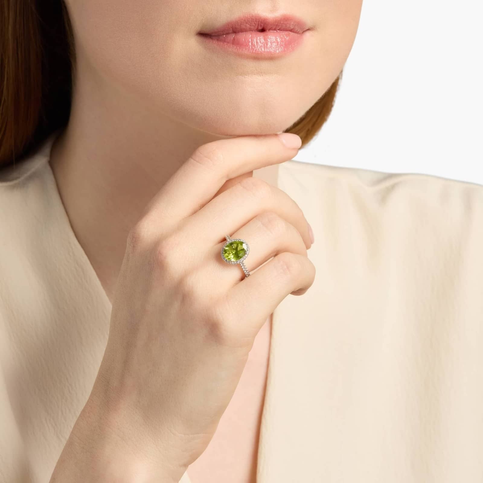 Peridot and Diamond Halo Ring in 18k White Gold (10x8mm)