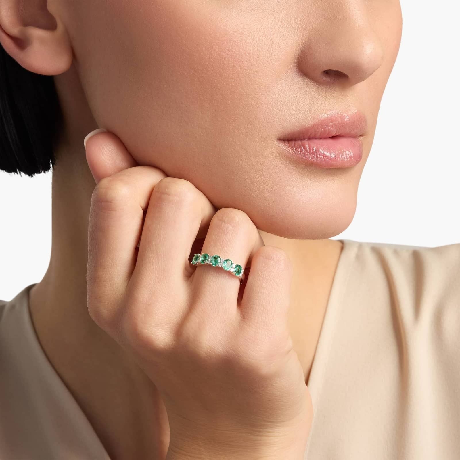 Emerald and Diamond Five-Stone Ring in 14k White Gold