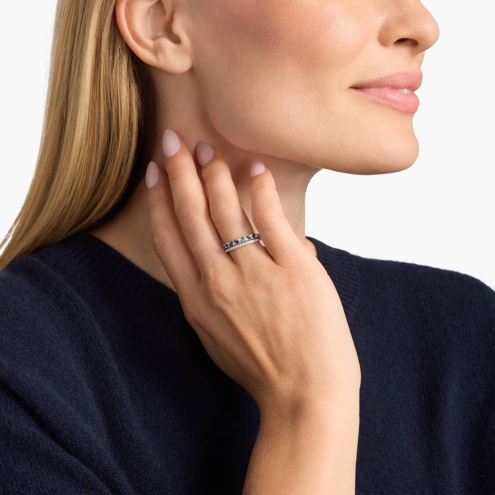 Two Row Diagonal Blue Sapphire Marquise And Pave Diamond Band in 14k White Gold