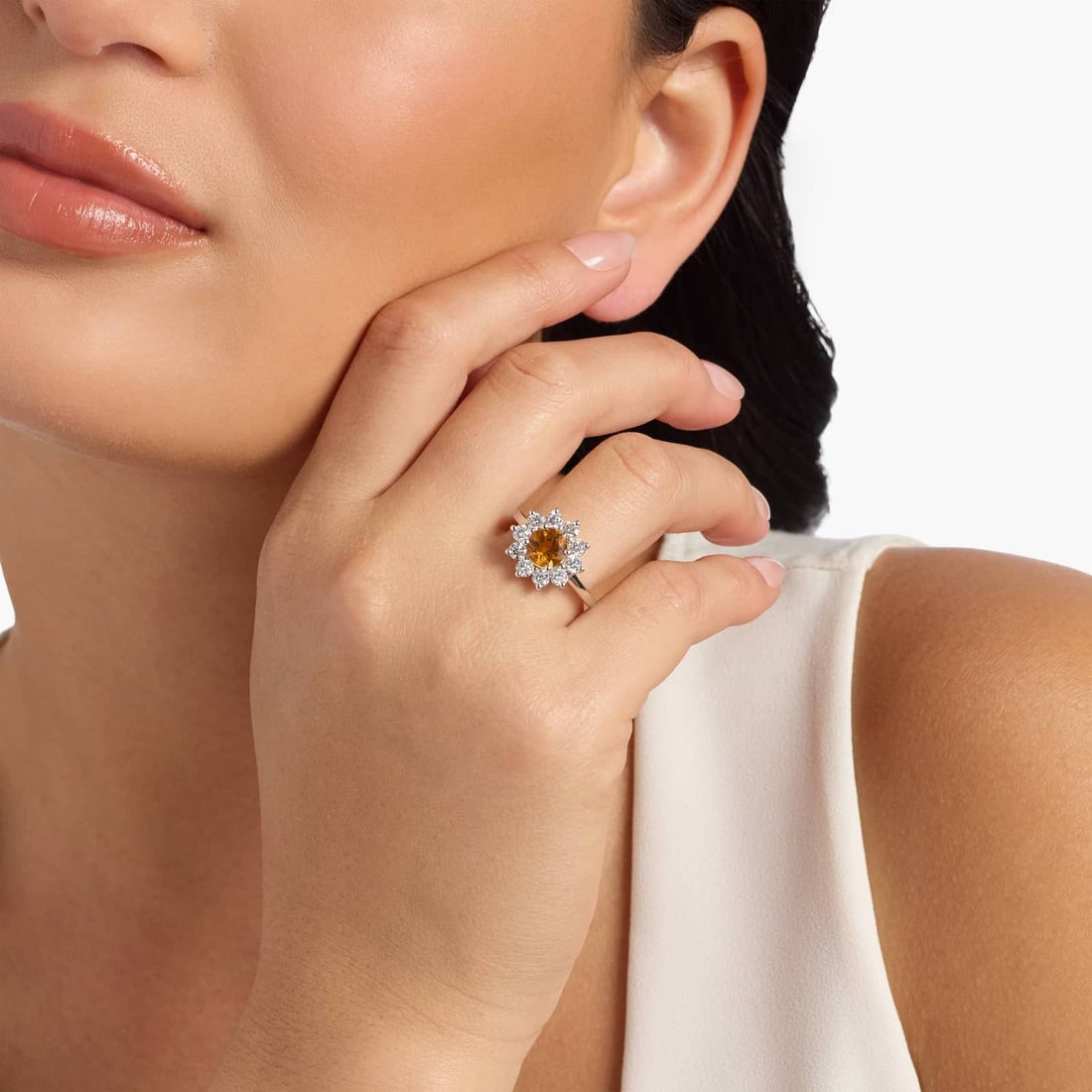 Round Citrine and Diamond Halo Ring in 14k White Gold