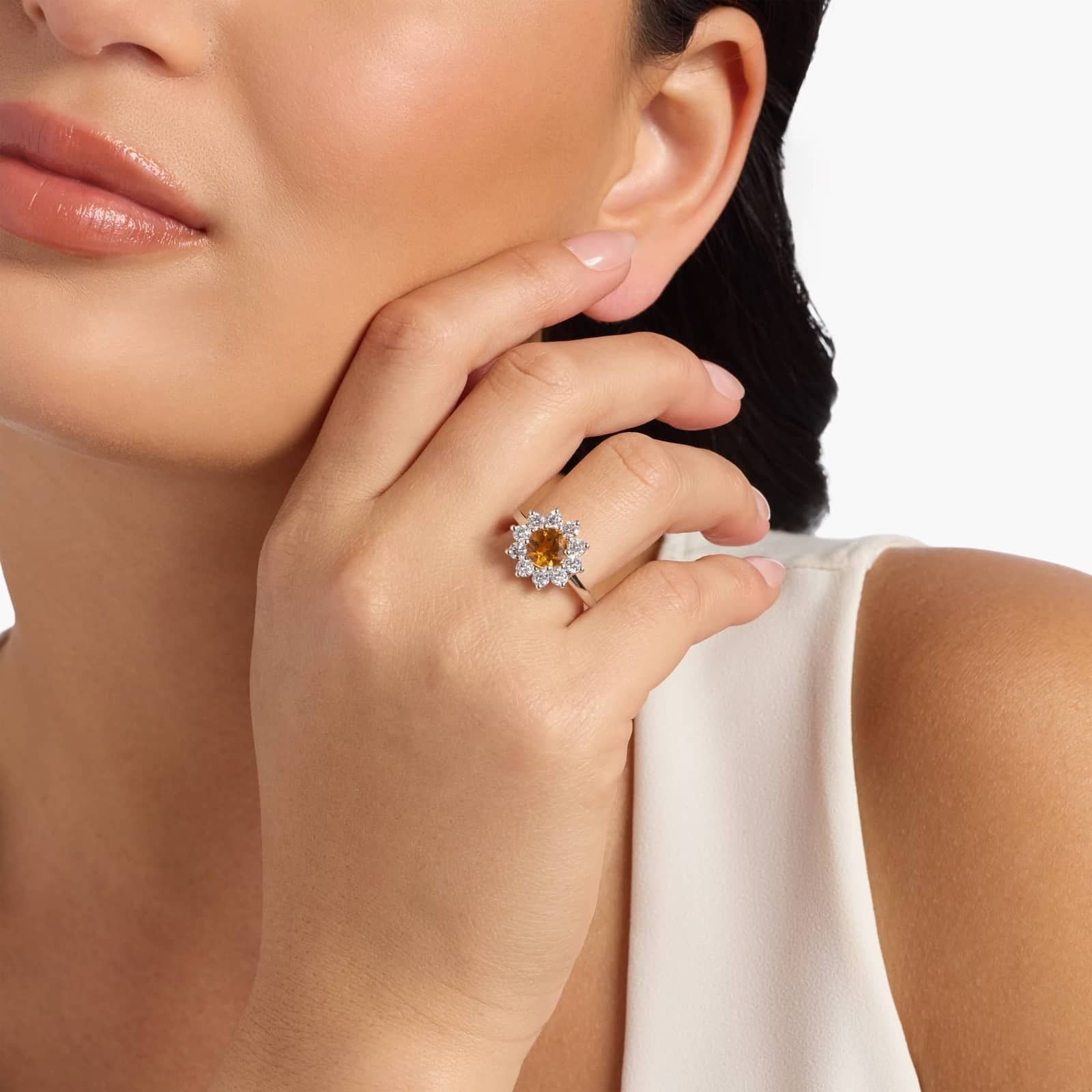 Round Citrine and Diamond Halo Ring in 14k White Gold