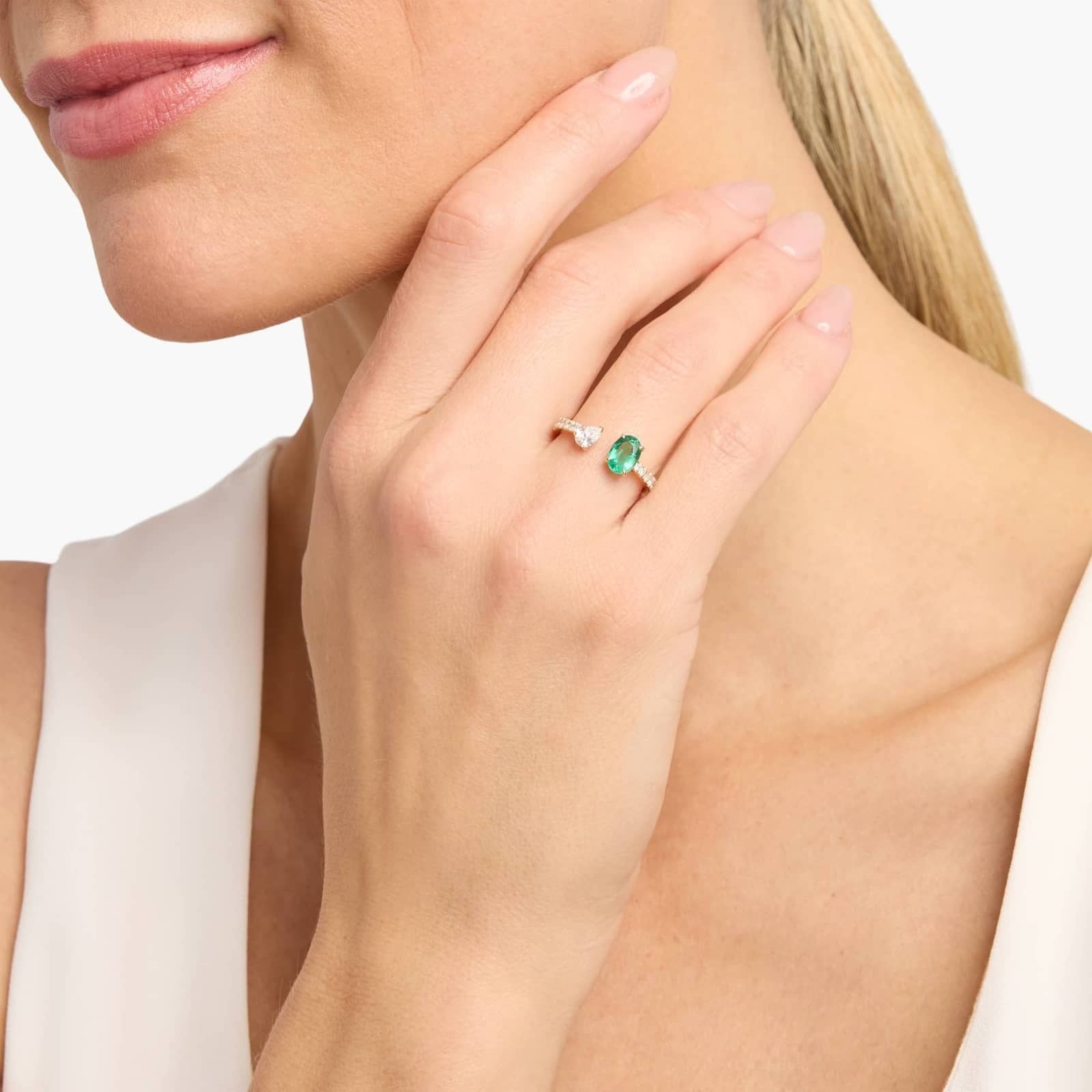 Emerald and Diamond Pavé Two Stone Ring in 18K Yellow Gold