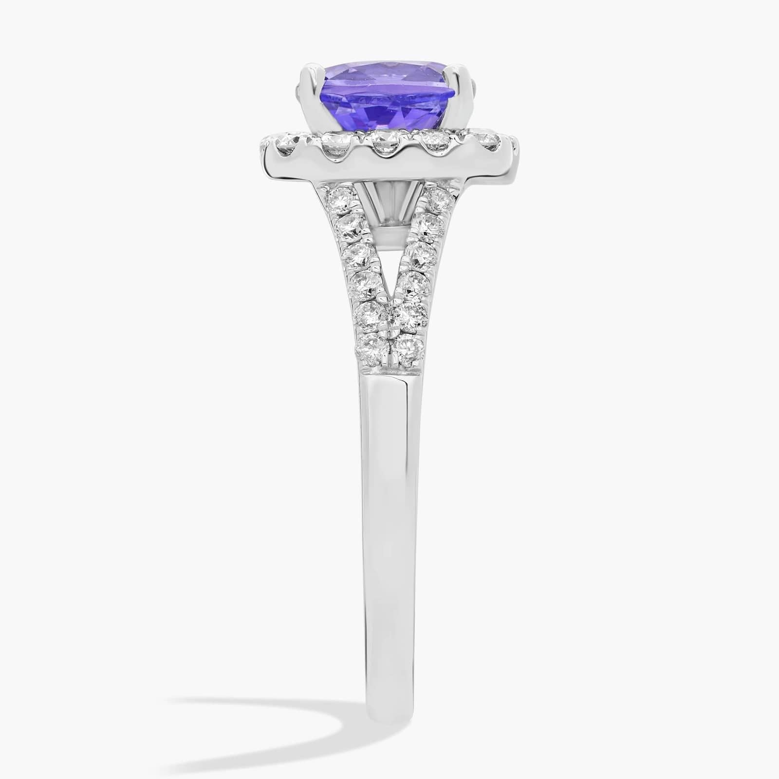 Cushion Cut Tanzanite Diamond Halo Ring in 14k White Gold (7mm)