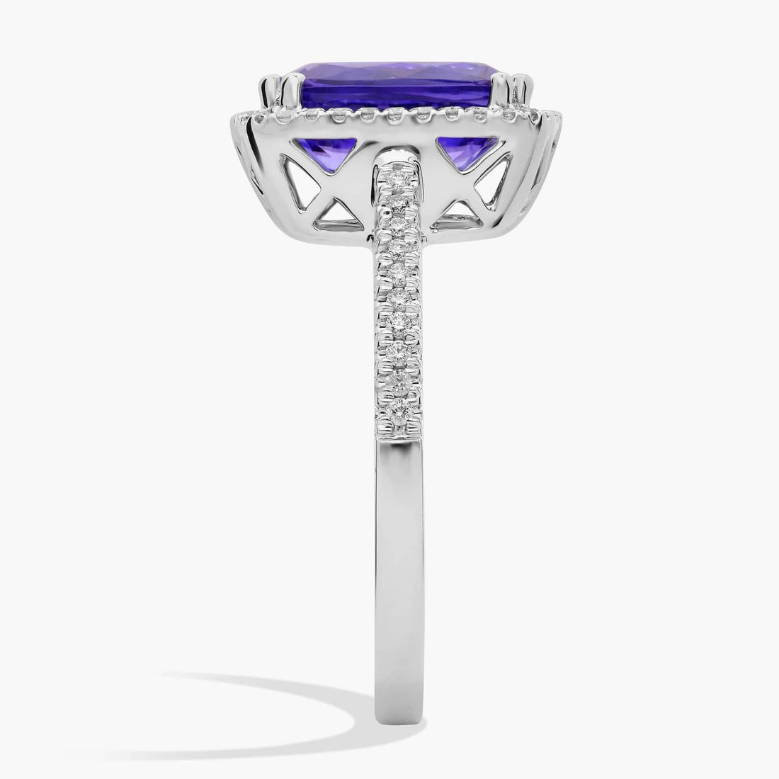 Cushion Cut Tanzanite Double Prong Diamond Halo Ring in 14K White Gold (10x8mm)