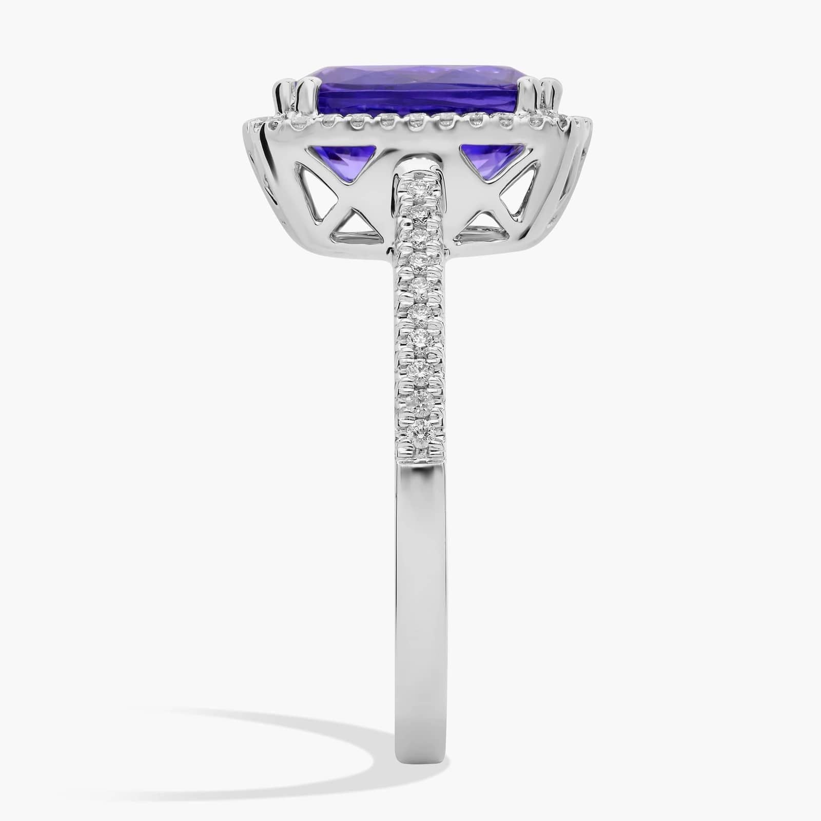 Cushion Cut Tanzanite Double Prong Diamond Halo Ring in 14K White Gold (10x8mm)