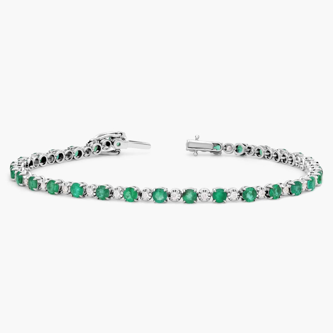 Alternating Size Emerald and Diamond Bracelet in 14k White Gold (3mm)