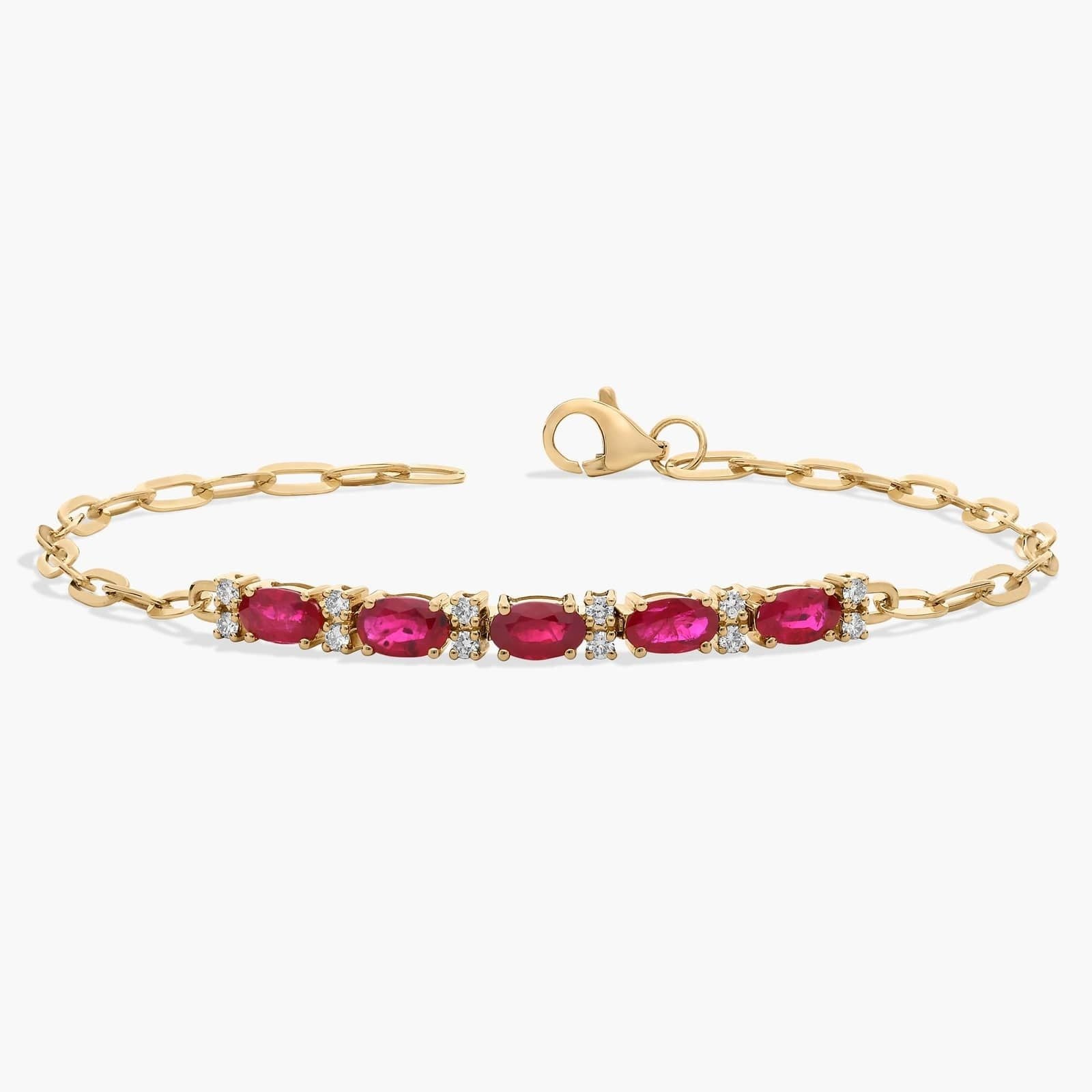 Diamond and Ruby Paperclip Bracelet in 14K Yellow Gold