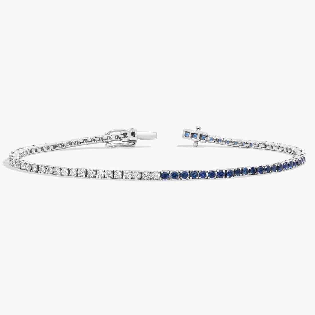 Half And Half Round Diamond and Sapphire Tennis Bracelet in 14k White Gold