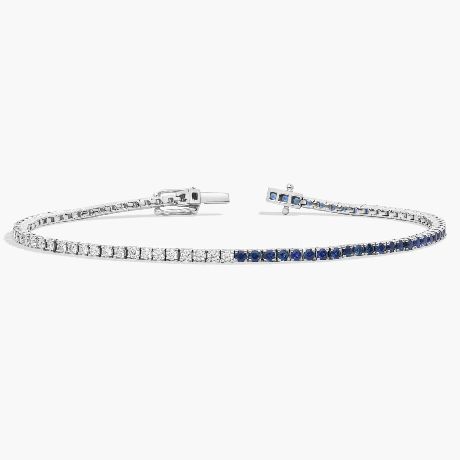Half And Half Round Diamond and Sapphire Tennis Bracelet in 14k White Gold