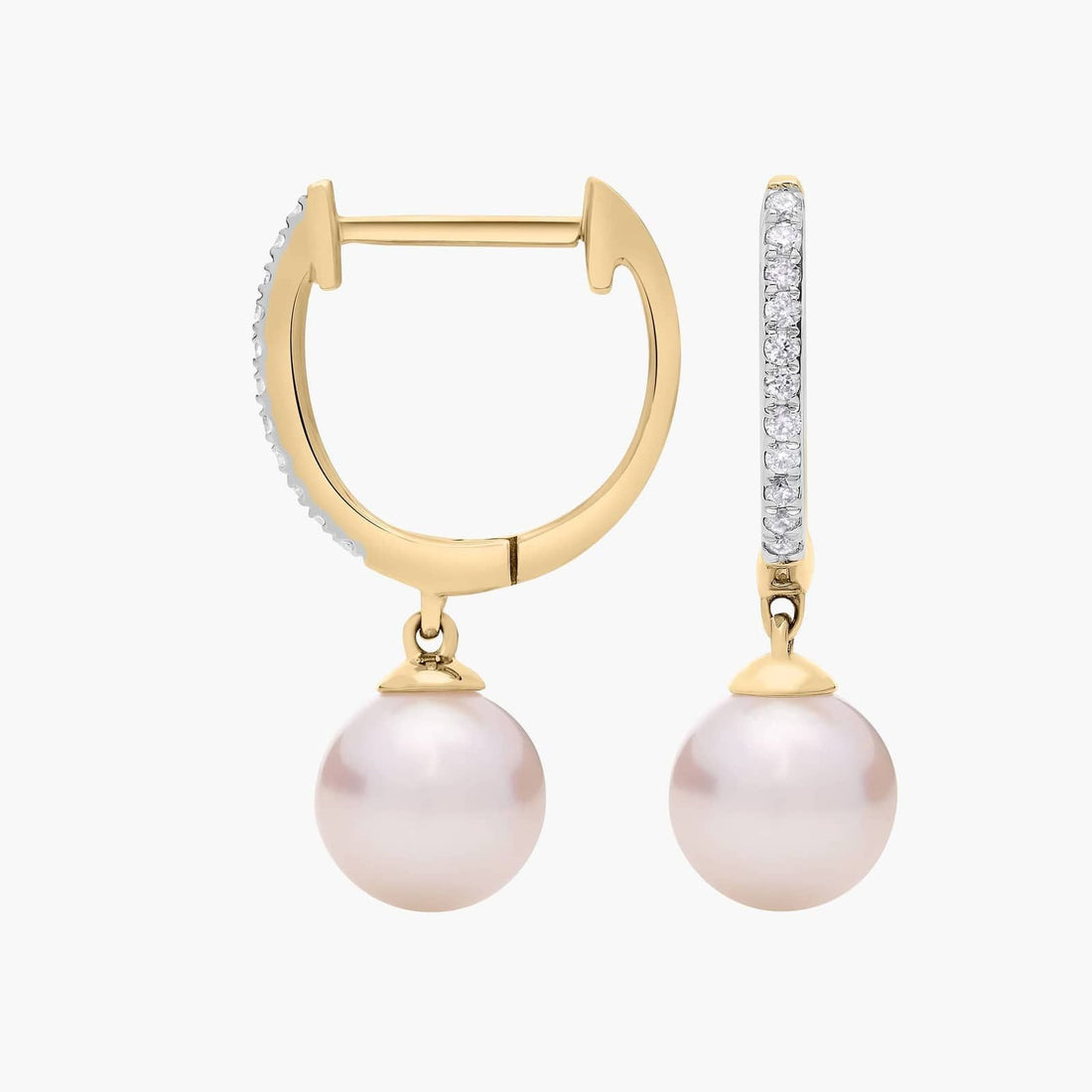 Akoya Cultured Pearl and Diamond Drop Hoop Earrings in 14k Yellow Gold (6.5mm)