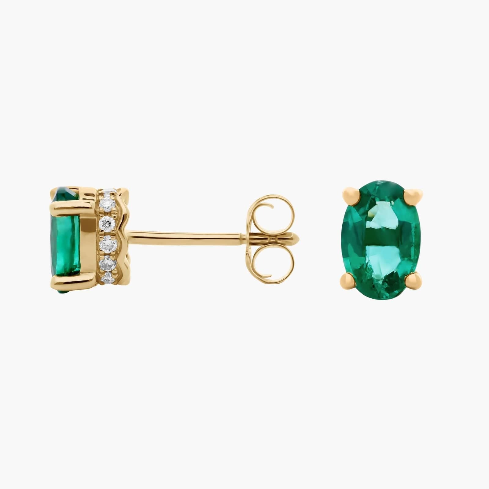 Oval Emerald and Diamond Earrings in 14k Yellow Gold (6x4mm)