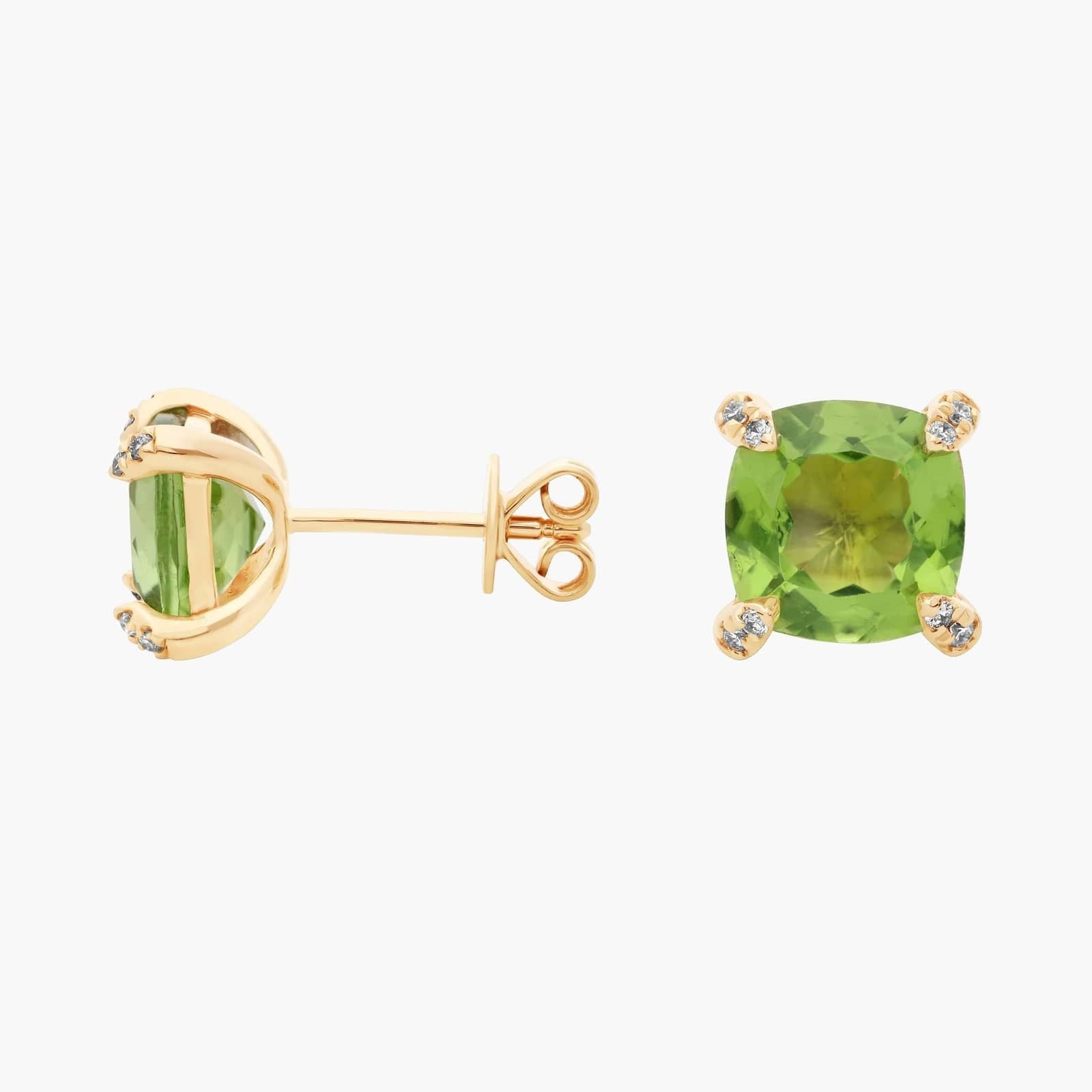 Cushion Cut Peridot and Diamond Accent Earrings in 14k Yellow Gold (7mm)