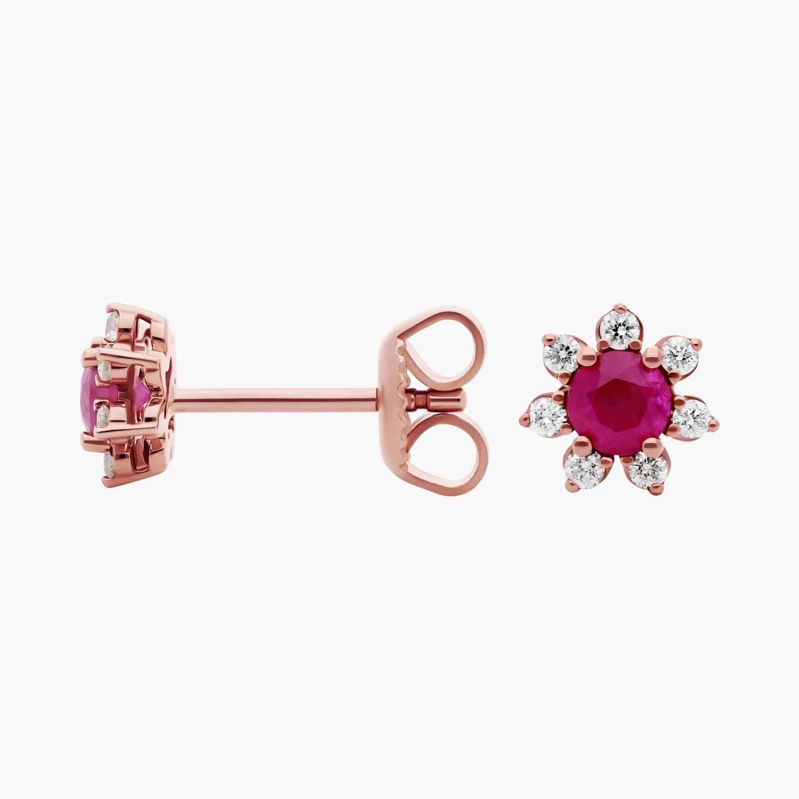 Mini Ruby Earrings with Diamond Blossom Halo in 14k Rose Gold (3.5mm)