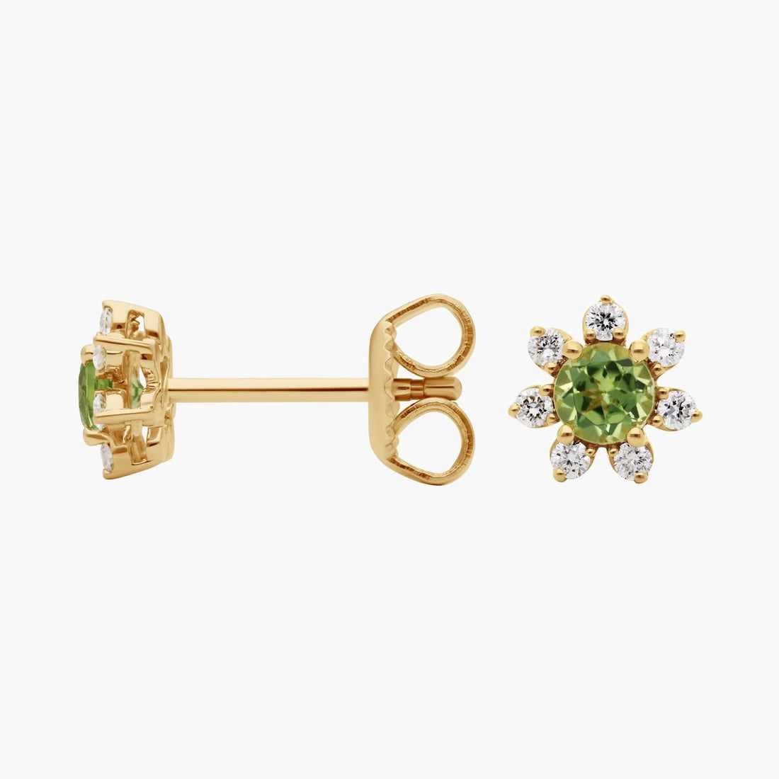Mini Peridot Earrings with Diamond Blossom Halo in 14k Yellow Gold (3.5mm)