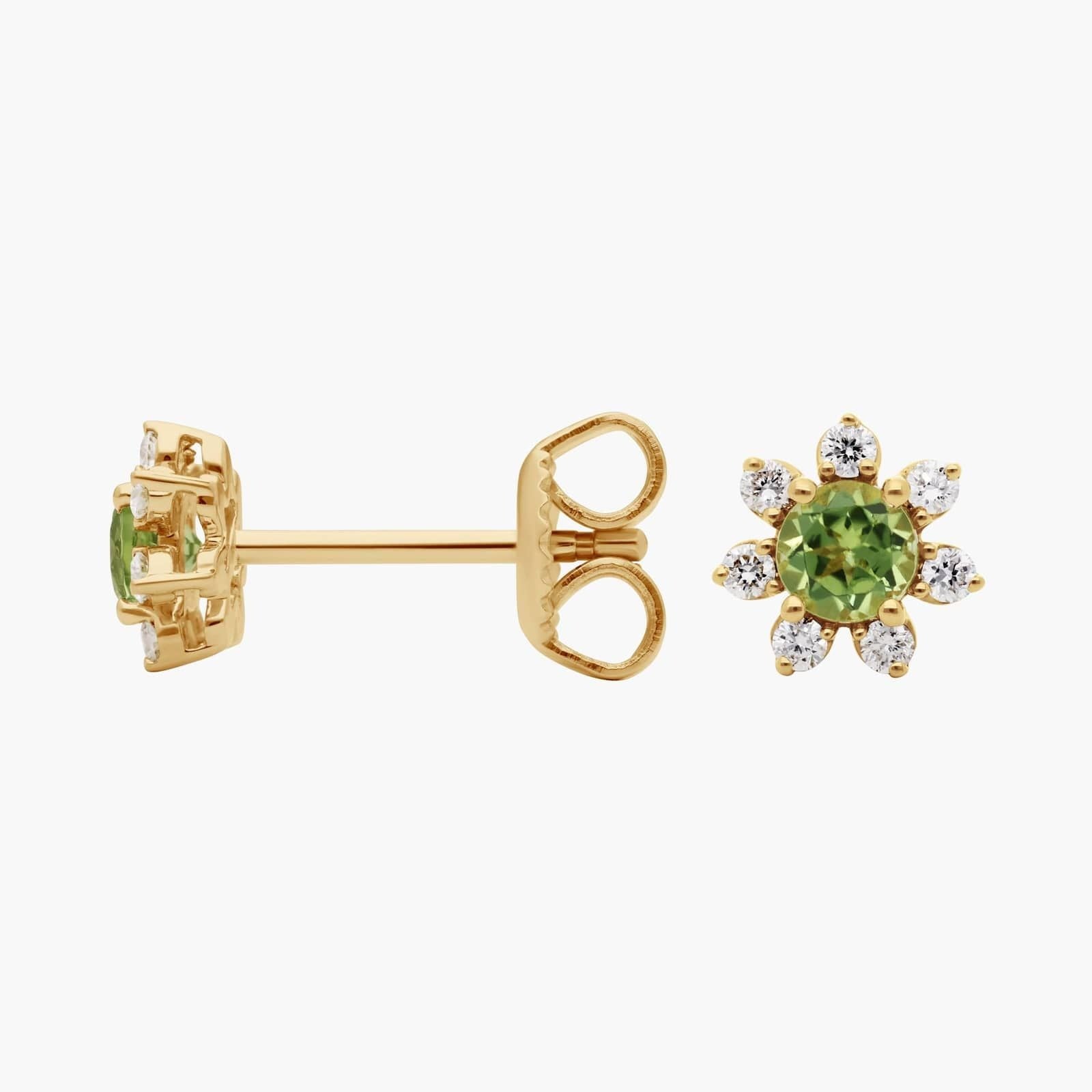 Mini Peridot Earrings with Diamond Blossom Halo in 14k Yellow Gold (3.5mm)