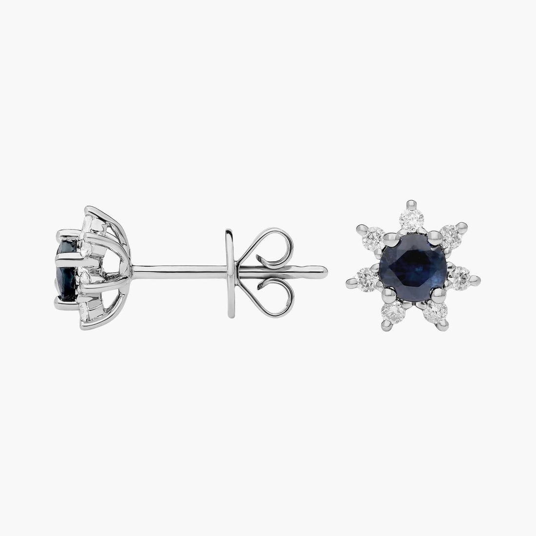 Mini Sapphire Earrings with Diamond Blossom Halo in 14k White Gold (3.5mm)