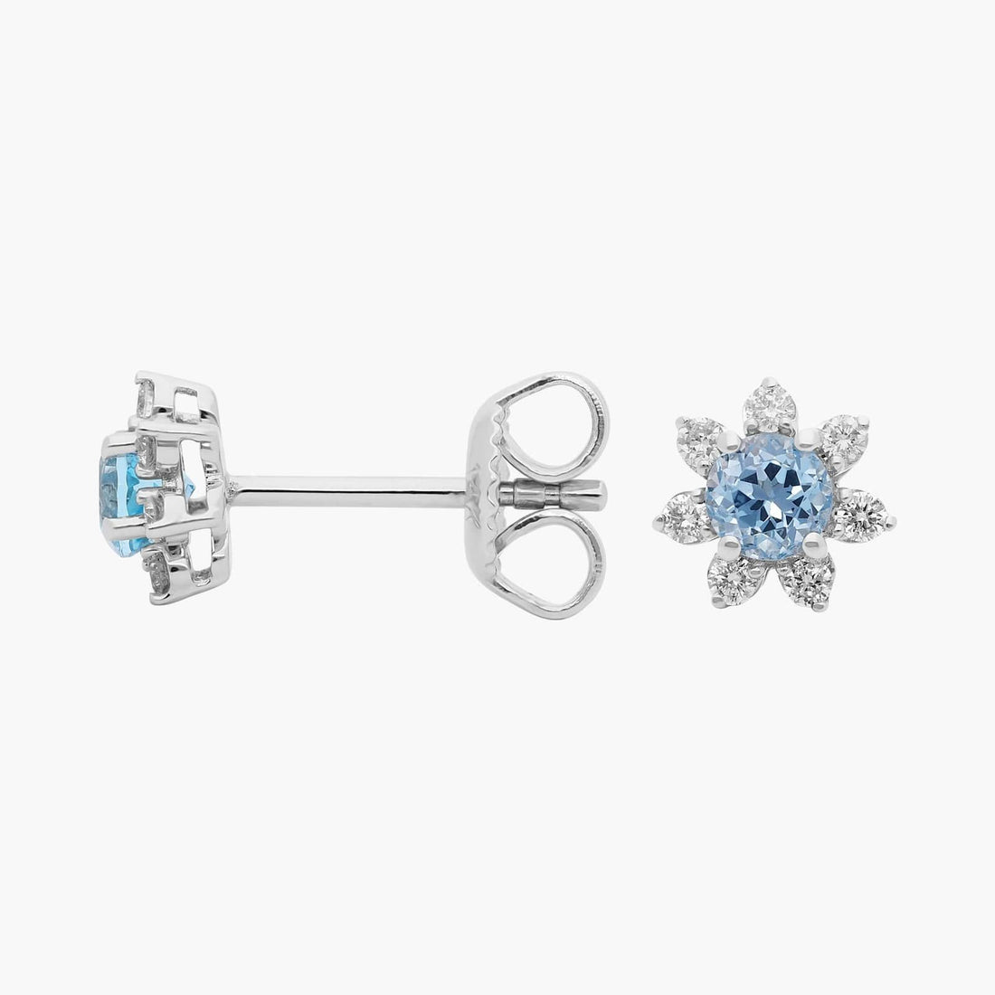 Mini Sky Blue Topaz Earrings with Diamond Blossom Halo in 14k White Gold (3.5mm)