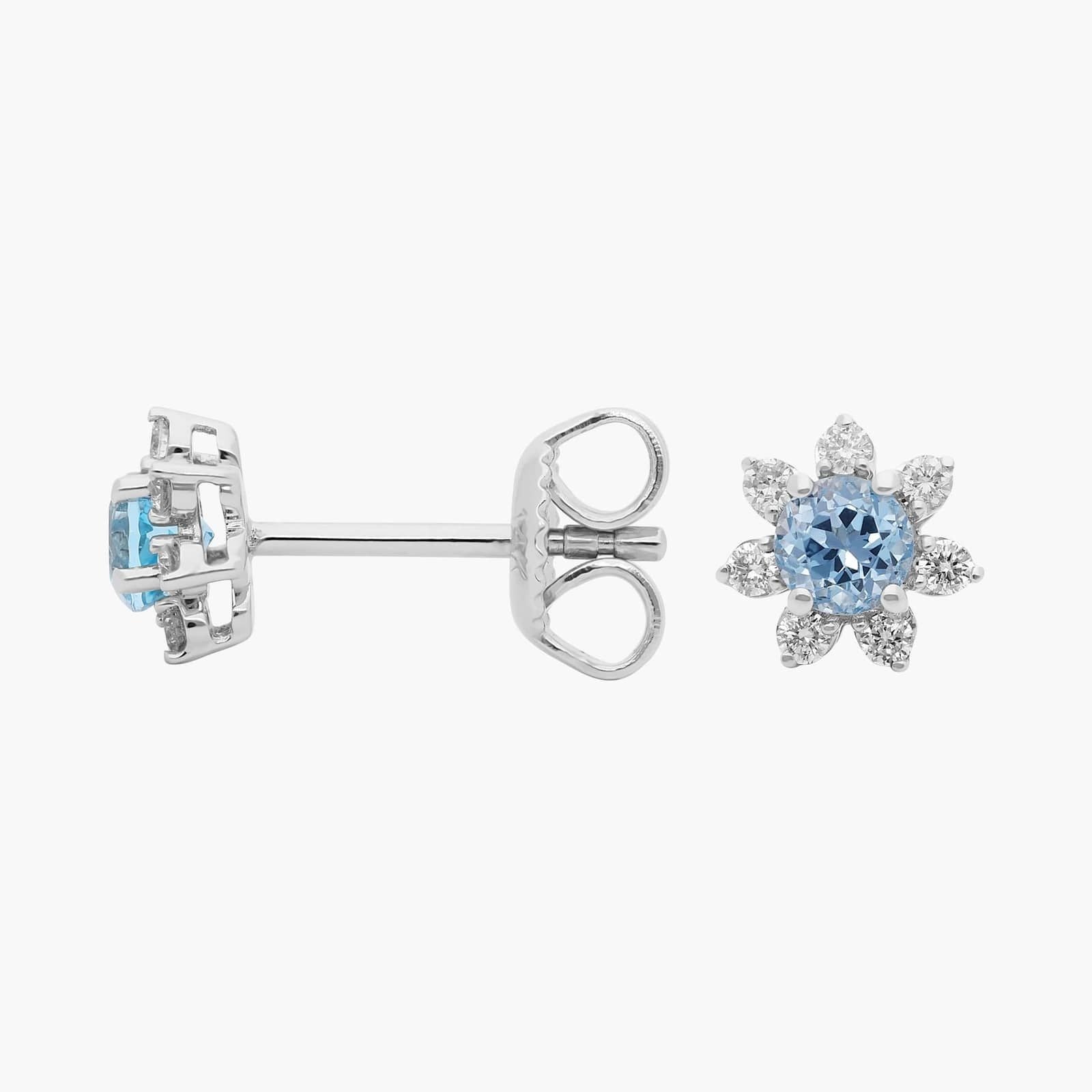 Mini Sky Blue Topaz Earrings with Diamond Blossom Halo in 14k White Gold (3.5mm)