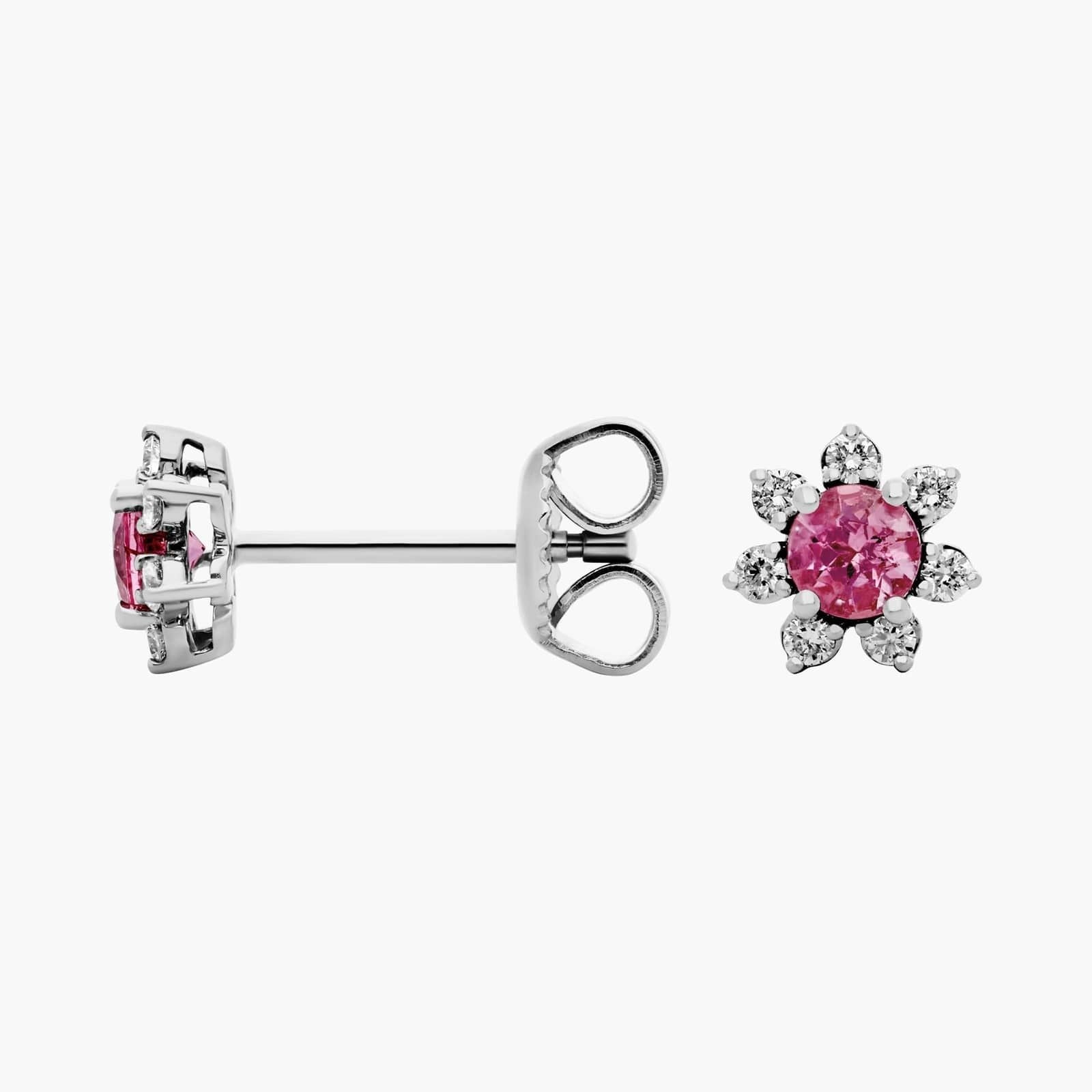 Mini Pink Tourmaline Earrings with Diamond Blossom Halo in 14k White Gold (3.5mm)