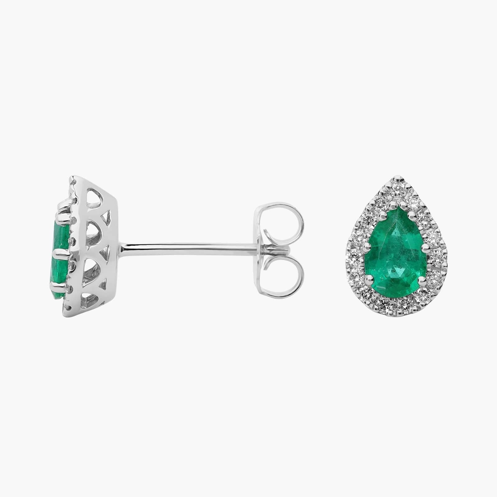 Pear-Shaped Emerald Stud Earrings with Diamond Halo in 14k White Gold (6x4mm)